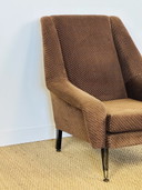Vintage fauteuil in bruine tweedstof met uitlopende poten, 1960