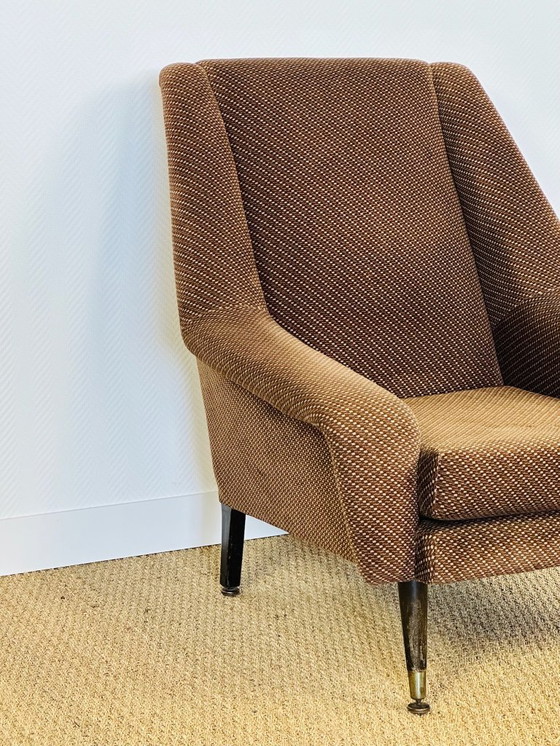 Image 1 of Vintage fauteuil in bruine tweedstof met uitlopende poten, 1960