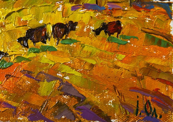 Image 1 of Original Oil Painting Evening Field Landscape Autumn and the last singing of birds