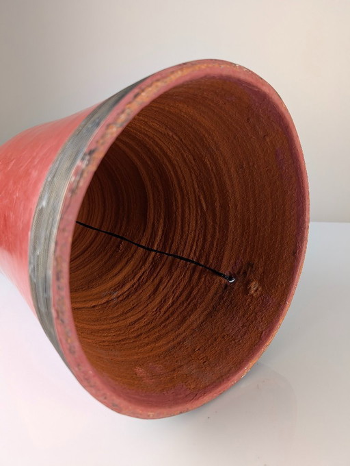 Red Terracotta Table Lamp with Metal Filigree, Vintage 1980s Design