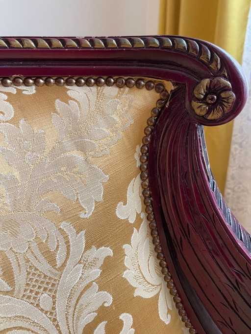 Coppia di poltrone Impero a cigno intagliate a mano e 2 tavolini – kuipstoelen, Wood