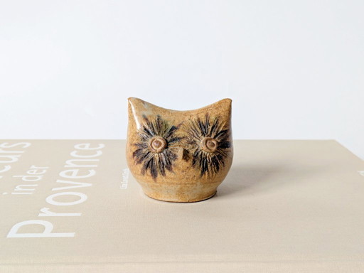 1970s Stoneware Owl Figurine | Sgraffito Decor | Artist Signed