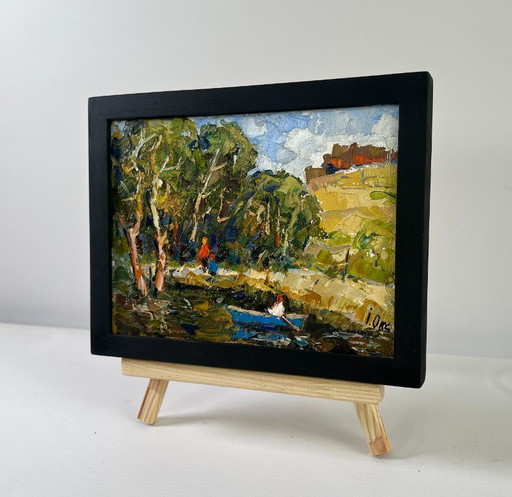 Original Oil Painting Summer Coastal Landscape Family vacation on the lake