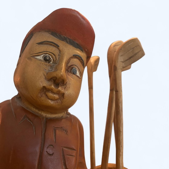 Image 1 of Vintage Hand Carved Wooden Statue - Golf Boy with Golf Clubs