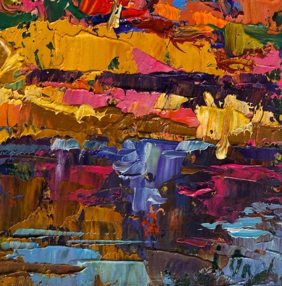 Image 1 of Original Oil Painting Autumn River Landscape Autumn evening by the river