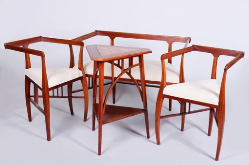 Restaurierte Art-Déco-Sitzgarnitur, von J. Kotěra, Josef Motka – Litovel, Tschechisch, 1900er Jahre – zithoek, Textile, Wood
