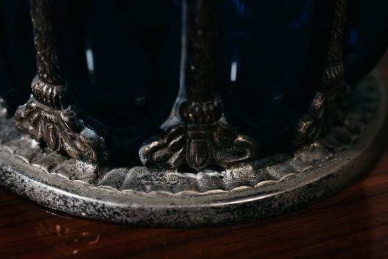 Image 1 of Grote blauwe serveerkan uit de Royal Sheffield Collection uit de jaren 1950, vintage pronkstuk.