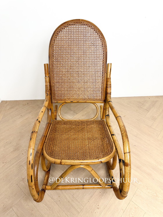 Image 1 of Vintage rattan bamboo webbing rocking chair