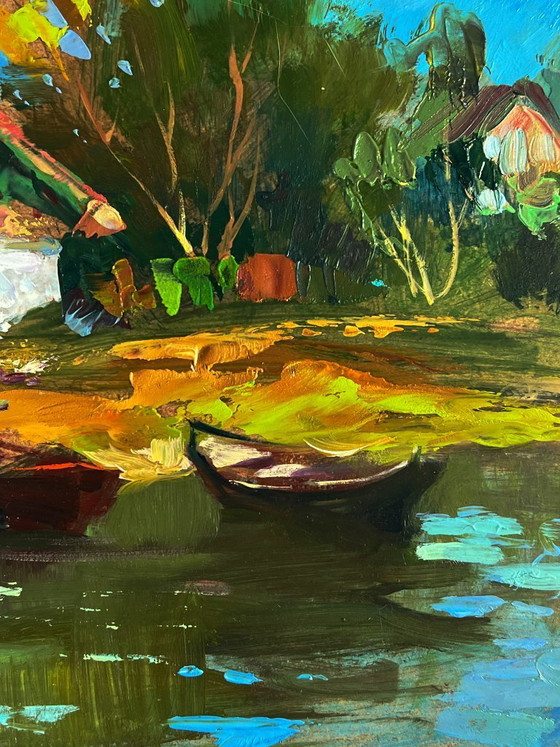 Image 1 of Origineel olieverfschilderij: Landelijk landschap, rivierboten bij het huis.