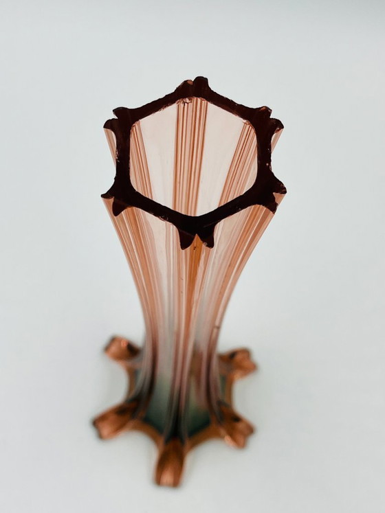 Image 1 of Pair of vintage bud vases in pink and green glass