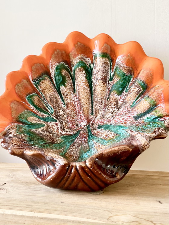 Image 1 of Vintage French Scallop Shell Bowl · Jaspe Marbled Glaze · Vallauris Style · Mid-Century Pottery · Ceramic Sculpture