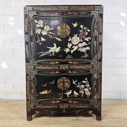 Mobile cinese vintage in lacca uccelli fiori (pietra ollare) mobile bohemien / mobile orientale / mobile asiatico