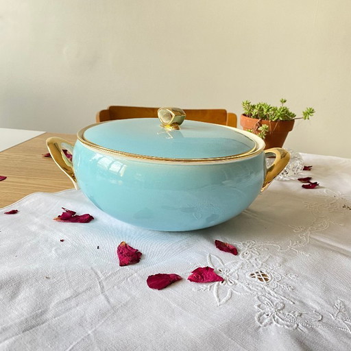 Antique earthenware vegetable tureen by Boch et Frères, Kéralux blue