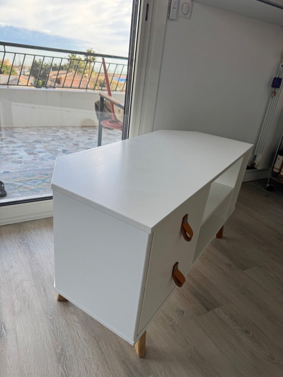 Image 1 of Scandinavian-style white and wood corner TV unit with drawers