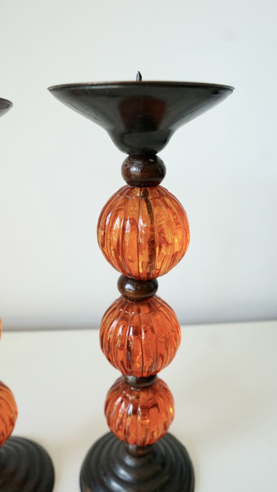 Image 1 of Pair of vintage candlesticks in metal and orange blown glass - 70s style