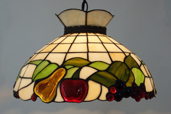 Tiffany style Pendant lamp with fruit motif, 90s, Glass, Metal, Creme (photo 4 of 14)