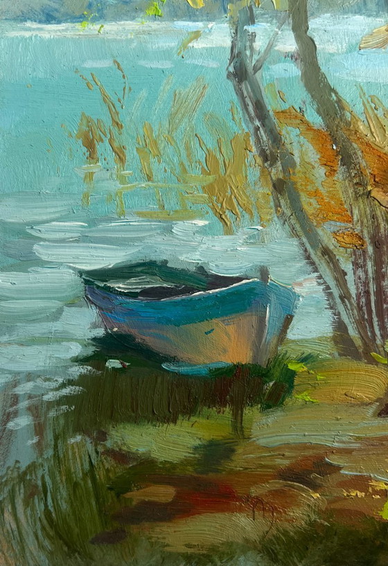 Image 1 of Peinture à l'huile originale représentant un paysage côtier d'automne par temps venteux au bord de la rivière