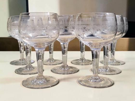 9 guilloché wijnglazen, begin 20e eeuw. – Glazen & Karaffen, Crystal, Glass (photo 7 of 9)