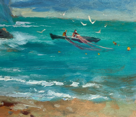 Image 1 of Peinture à l'huile originale représentant un paysage marin côtier. Navigation vers le rivage en bateau.