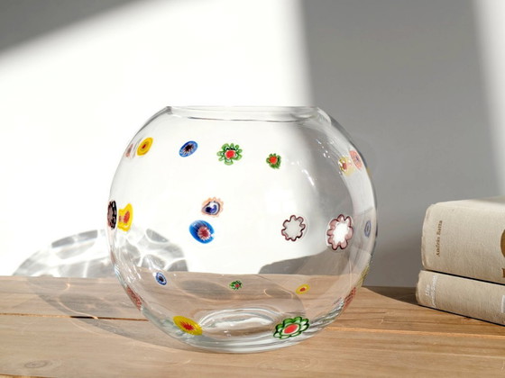 Image 1 of 1990s Leonardo Millefiori Ball Glass Vase, German Art Glass Murano Style Floral Inclusions