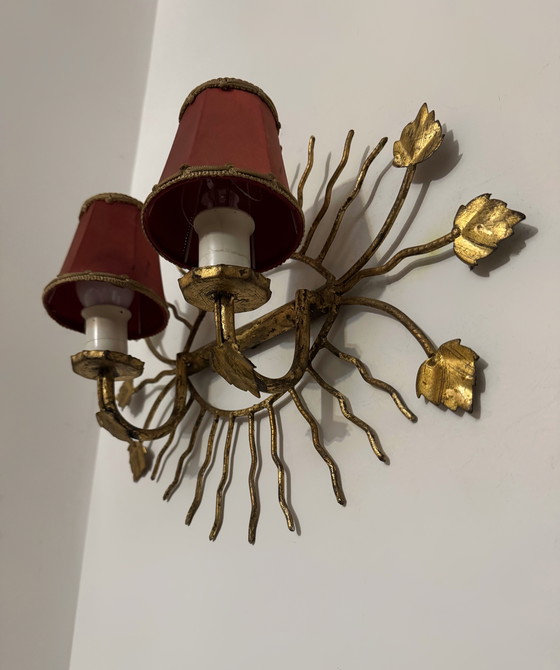 Image 1 of Applique da parete a forma di sole con foglie dorate, anni '60