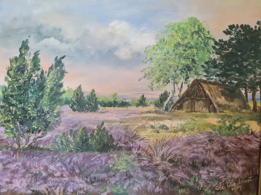 Atmospheric Lüneburg Heath painting with a beautiful frame by Ute Wieckhorst, 1978