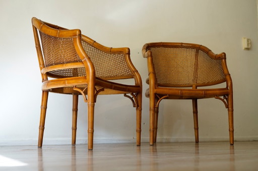 Set de 2 sillones vintage de bambú falso | Tejido de ratán | Años 70/80