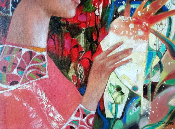 Original Oil Painting Abstract Expressionism Symbolism Girl Strawberry Ice Cream – Paintings & Drawings (photo 5 of 9)