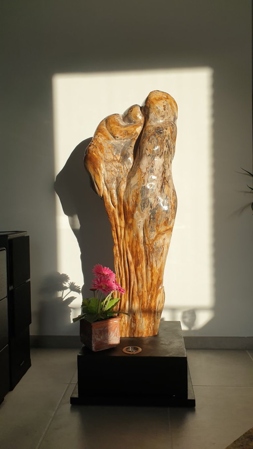 Einzigartige Skulptur aus versteinertem Holz. Mutter und Kind. – beeldhouwkunst, Stone