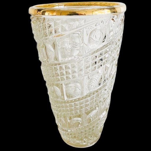 Vaso vintage in cristallo Hollywood Regency con bordo placcato oro, anni '70