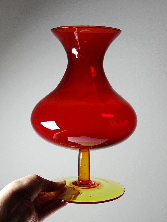 Vintage Blown Glass Vase with "Controlled" Bubbles, Red & Yellow, 1960s-1970s (photo 3 of 10)