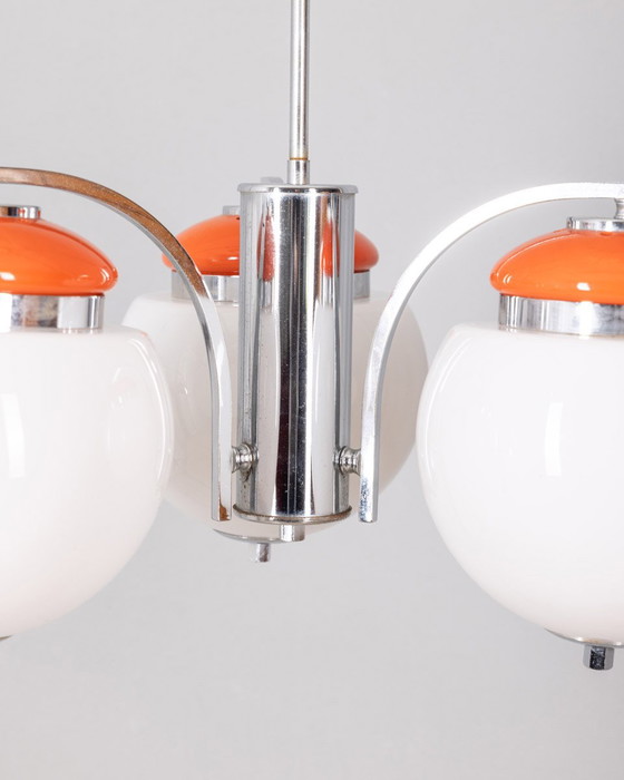 Image 1 of Vintage kroonluchter 70s Oranje Metaal en Glas Italiaans Ontwerp