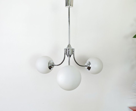 Image 1 of Vintage 3-Light Opal Glass Ceiling Lamp / Mid Century Modern Chandelier / Space Age Sputnik Light | Chrome Pendant