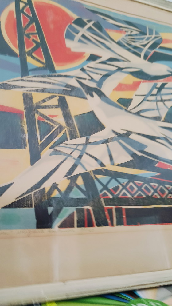 Image 1 of La société Kleurrijk Industriële Vormgeving Houtdruk Gesigneerd 1961 'Meeuwen' (en anglais)