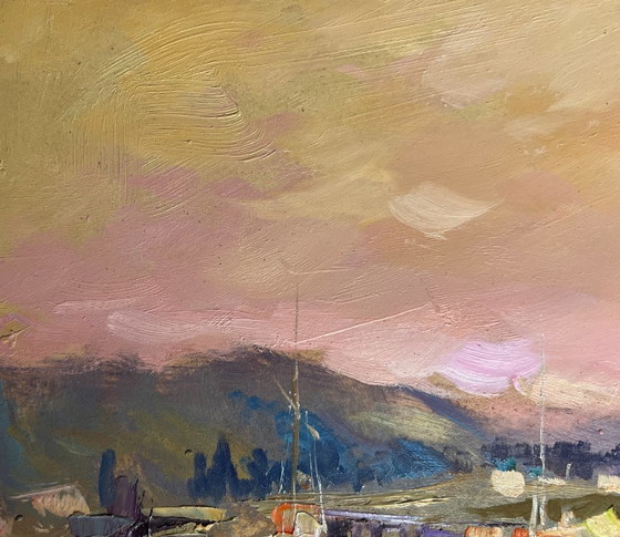 Image 1 of Original Oil Painting Evening Coastal Landscape Scarlet Sunset on the Ferry