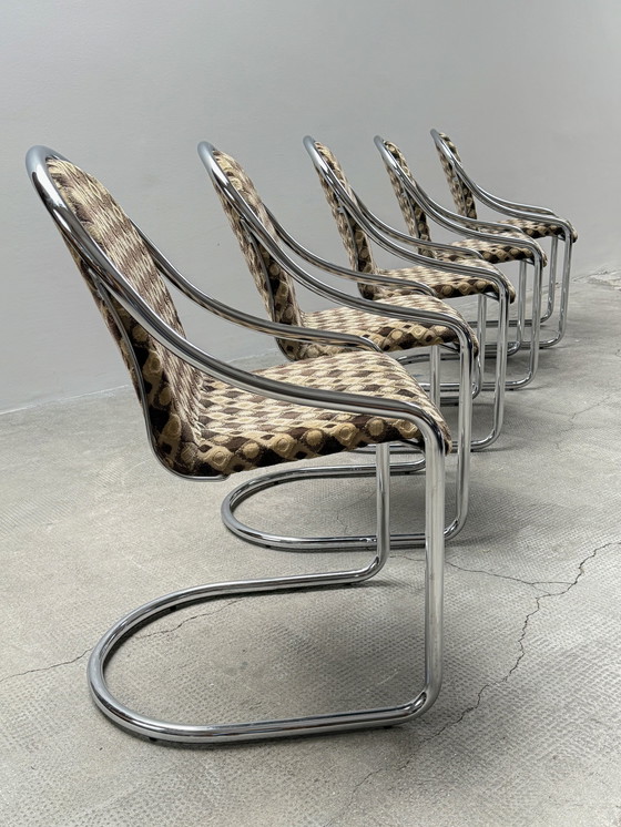 Image 1 of SET OF 5 CHROMED STEELTUBE CANTILEVER CHAIRS IN THE STYLE OF GASTONE RINALDI, ITALY 1970s