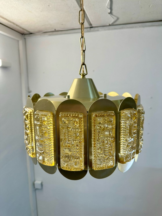 Lampada a Sospensione Plafoniera Vintage Vitrika Vetro Ghiaccio Anni '60 Danimarca, Plafoniere, Metallo (foto 13 di 14)