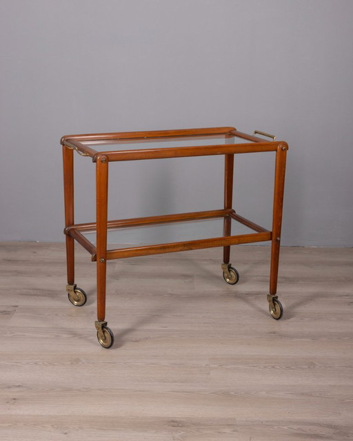 CARRITO DE COMIDA VINTAGE AÑOS 60 EN MADERA Y CRISTAL, DISEÑO ITALIANO