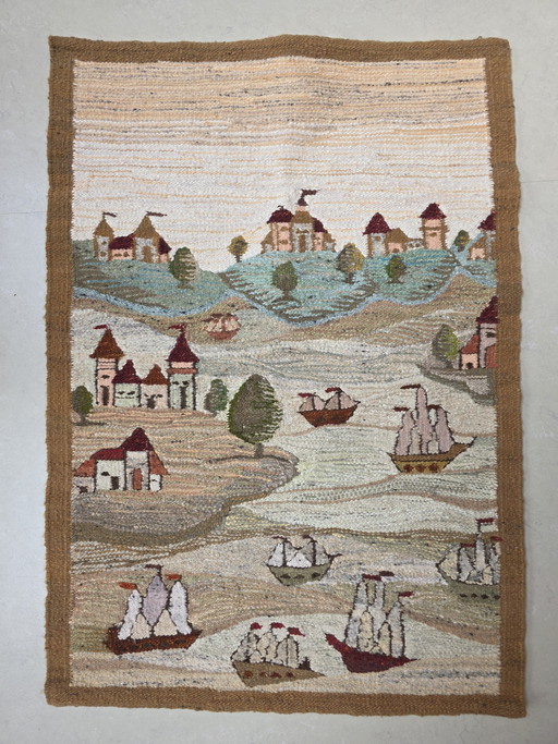 Vintage Polish hand-woven wall hanging with villages and boats
