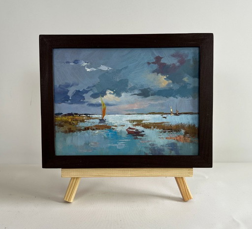 Origineel olieverfschilderij: Avondlandschap aan de rivier. Een rustige avond aan de rivier.