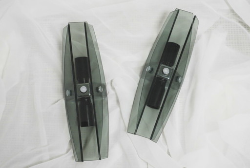 Veca Grey Smoked Glass Vintage Italian Wall Sconces Set of 2 Fontana Arte Mid Century Modern Faceted Glass Pair of Lamps