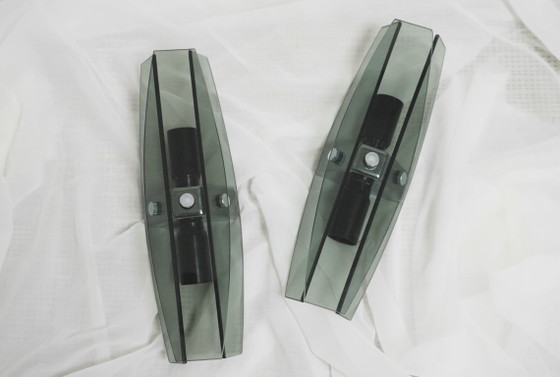 Image 1 of Veca Grey Smoked Glass Vintage Italian Wall Sconces Set of 2 Fontana Arte Mid Century Modern Faceted Glass Pair of Lamps