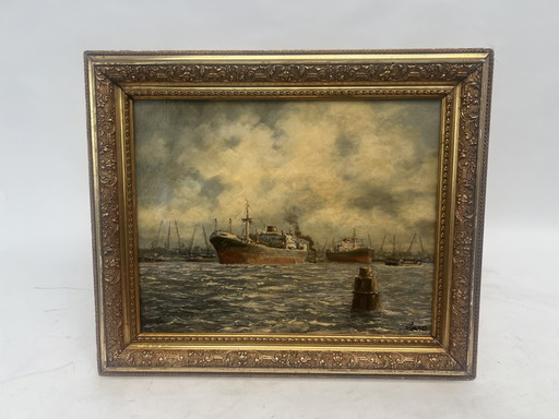 Painting (4): Rotterdam harbor scene - unknown painter