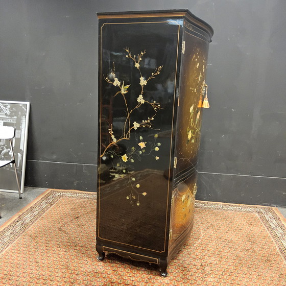 Image 1 of Vintage Chinese cabinet birds, flowers gold leaf bohemian cabinet / oriental cabinet / chinese cabinet