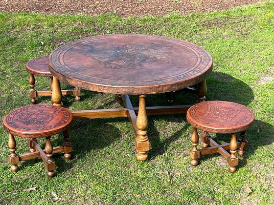 Image 1 of Vintage leather top table Aztec / Mayan equipale style