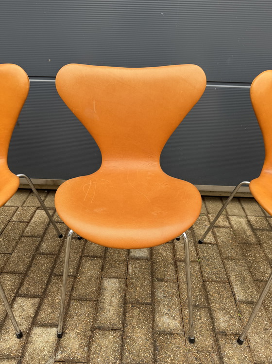 Image 1 of 6x Fritz Hansen series 7 Vlinderstoelen Cognac Camel leder