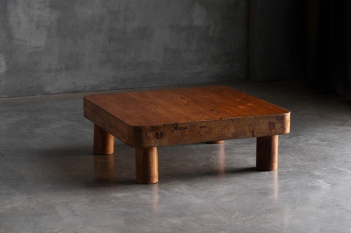 Brutalist Pine Low Coffee Table, France, 1960s