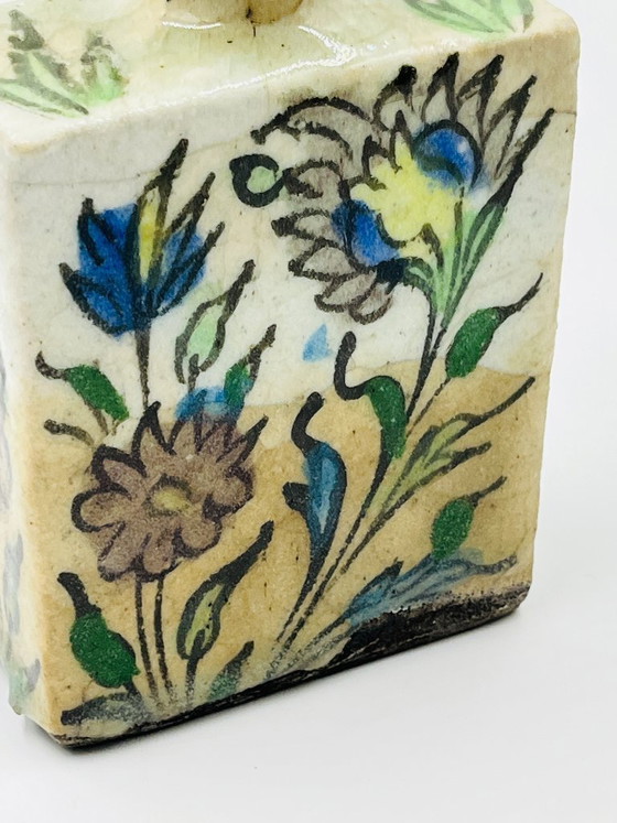 Image 1 of Antique Rectangular Ceramic Bottle, Persian Qajar Style, Fish Design, 19th Century