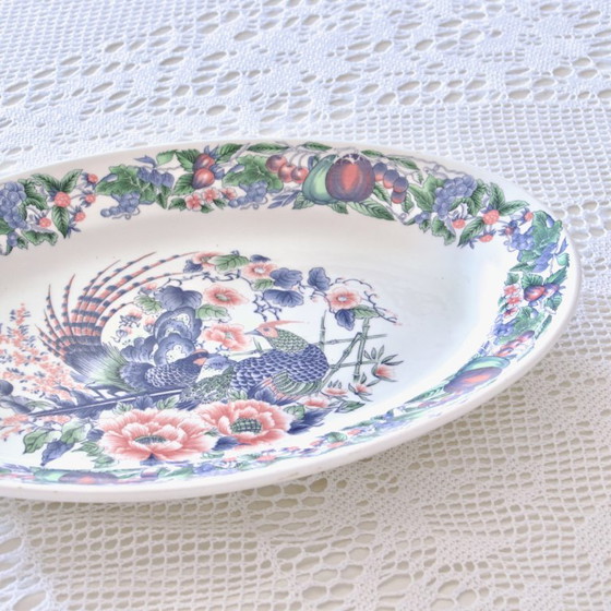 Image 1 of Grande vassoio ovale vintage italiano con decorazione di uccelli, fiori e frutta