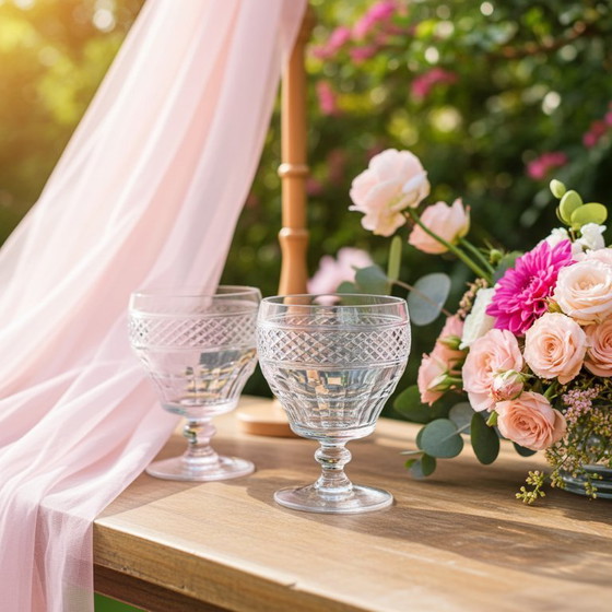 Image 1 of Set of 2 Georgian Crystal Wine Glasses with Trianon pattern